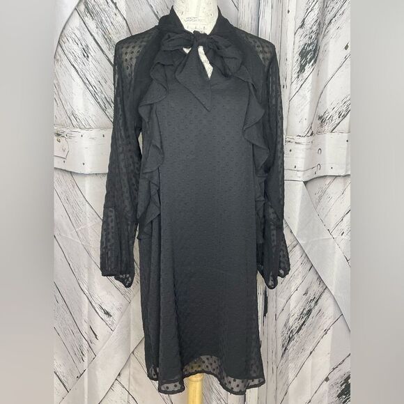 Bebe Black Dotted Swiss Dress Neck Tie Ruffles Large - Picture 1 of 10